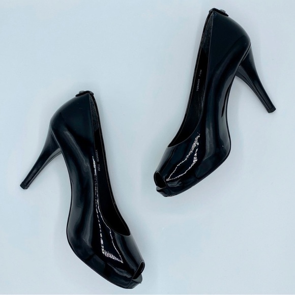 Stuart Weitzman Black Patent Leather Sierra Peep Toe Pump Size 7.5 - Picture 5 of 7